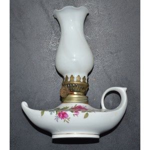 Porcelain Pink Rose Mini Genie Oil Lamp with White Glass Shade (Shade Damaged)